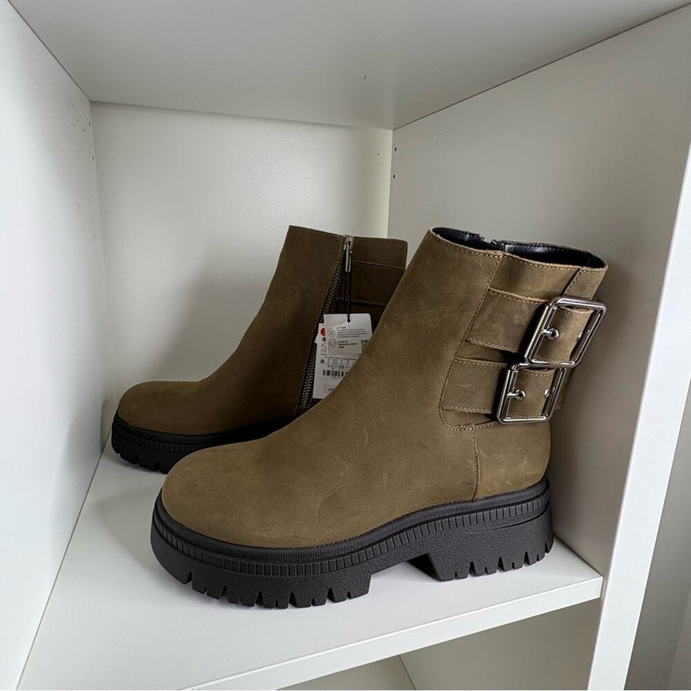 Zara Olive Green Ankle Boots with Buckles Sz 8 NWT